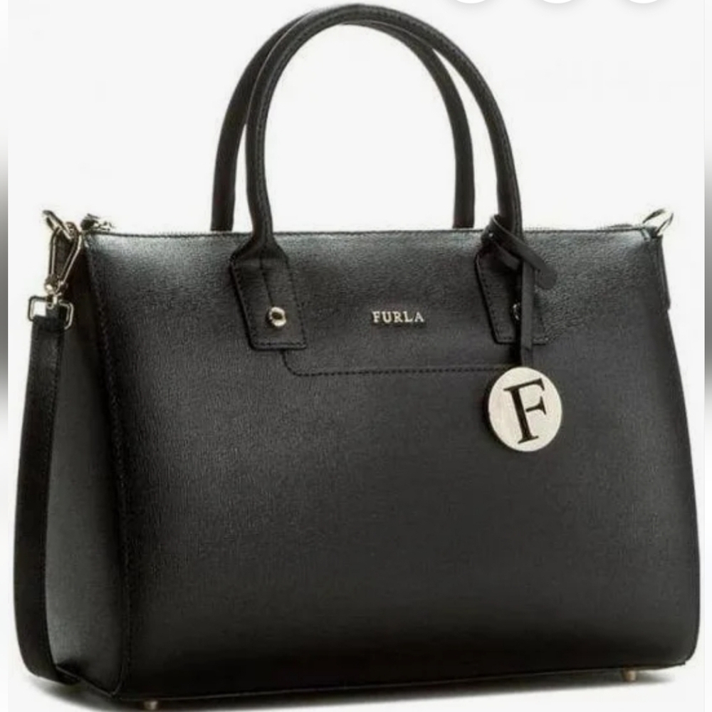 Furla Linda Medium Leather Black And Gold Satchel Bag - Picture 2 of 14